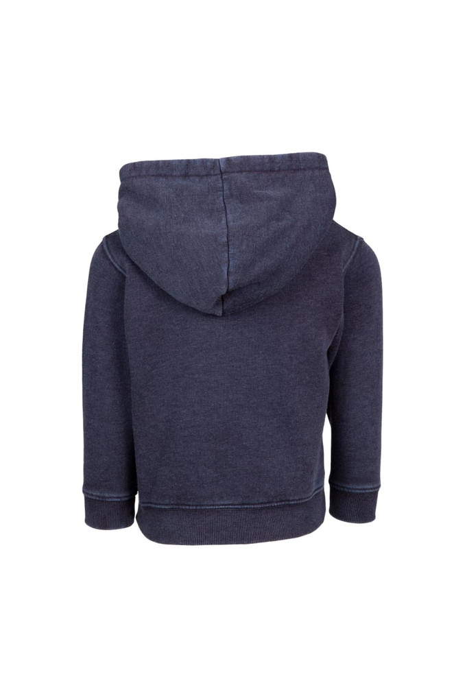 A navy stone wash fleece hoodie for babies, featuring a hood and long sleeves. It has a logo.