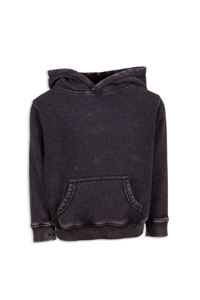 A grey stone-wash fleece hoodie for babies with a front pocket and a hood. Features a brand logo.