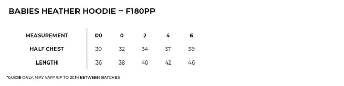 A heather hoodie for babies in various sizes, featuring a measurement chart for half chest and length.