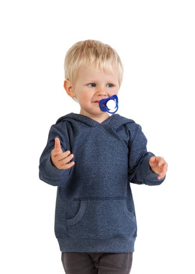 A young child wearing a navy blue hoodie with a front pocket, holding a pacifier. The hoodie has a hood and a logo.