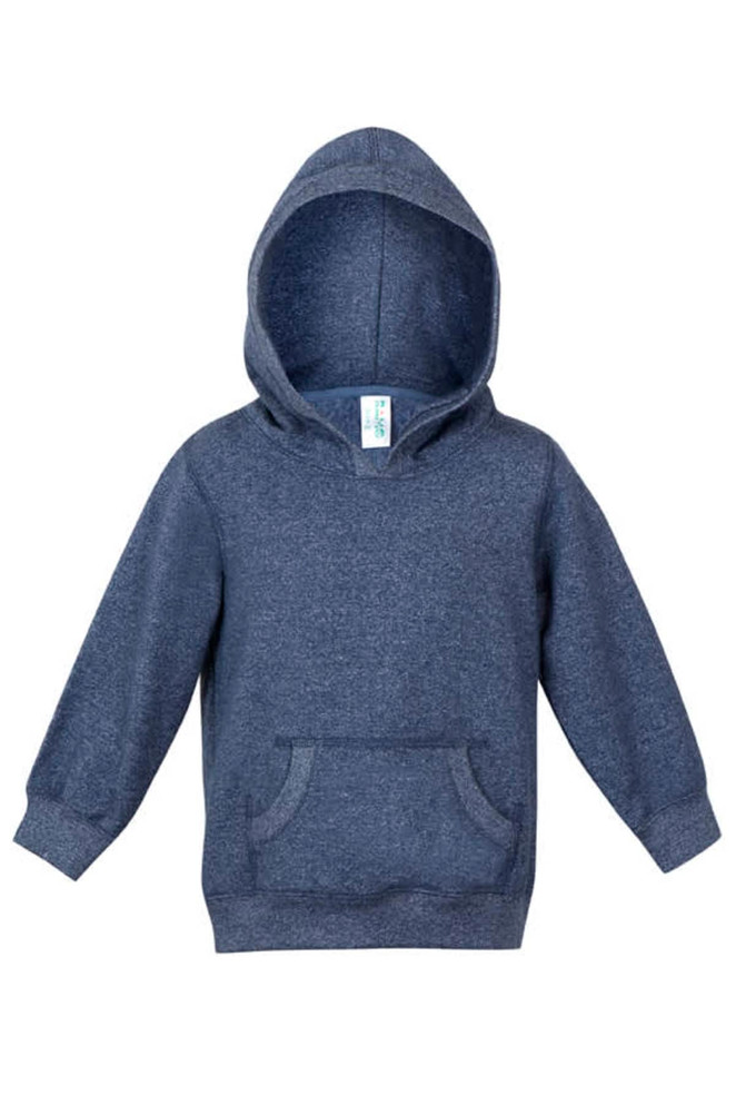 A navy blue baby hoodie with a front pocket and a hood, featuring a branding label inside.