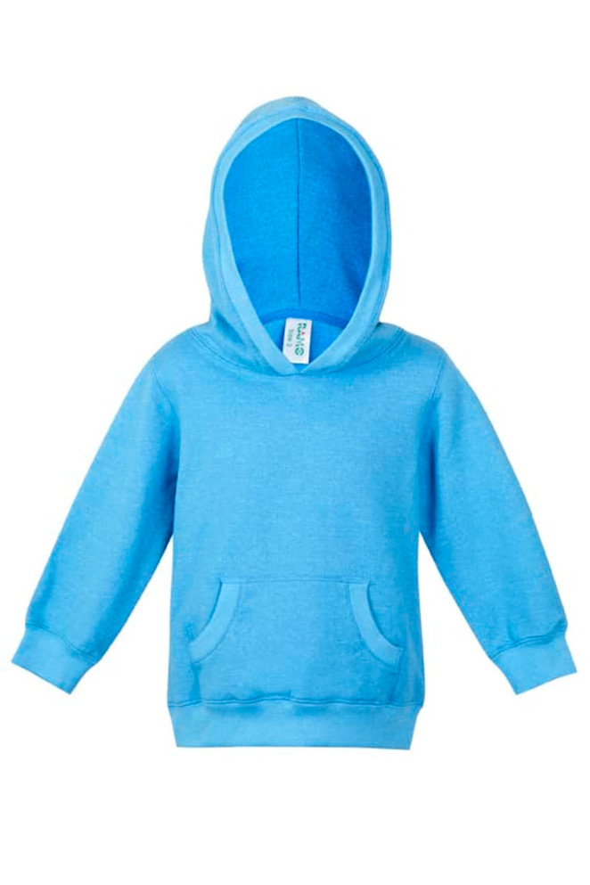 A light blue hoodie with a front pocket and a lined hood, featuring a logo.