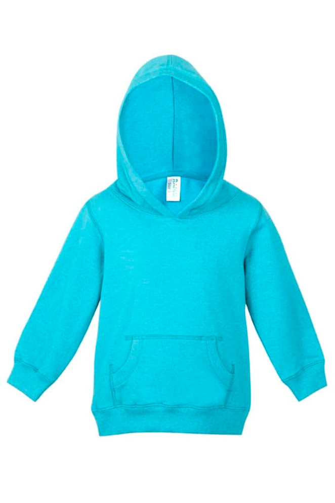 A turquoise baby hoodie with a front pocket and a hoodie design, featuring a logo on the label.
