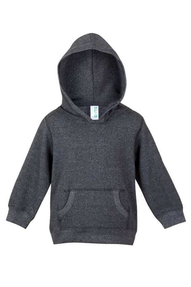 A grey hoodie with a front pocket and a hood, featuring a logo on the label.