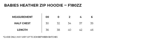 A grey zip hoodie for babies featuring a front pocket and a logo. Available in various sizes.