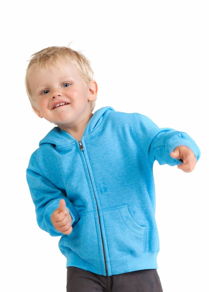 A blue zip hoodie for babies, featuring a front zip and a hood, worn by a smiling child in casual pants and shoes.