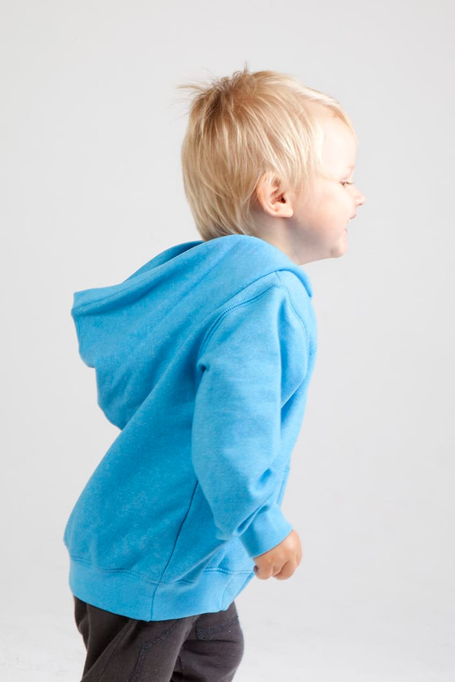 A blue zip hoodie for babies, featuring a hood, modeled by a child. The hoodie has a logo on it.