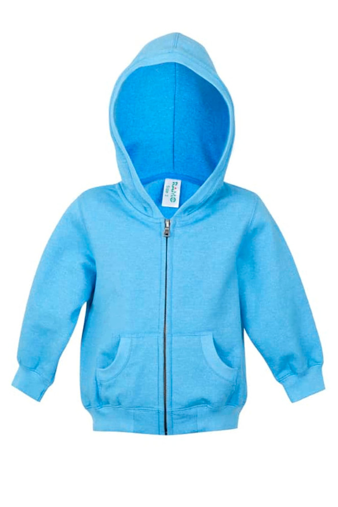 A light blue zip hoodie with a hood and front pockets, featuring a logo on the label.