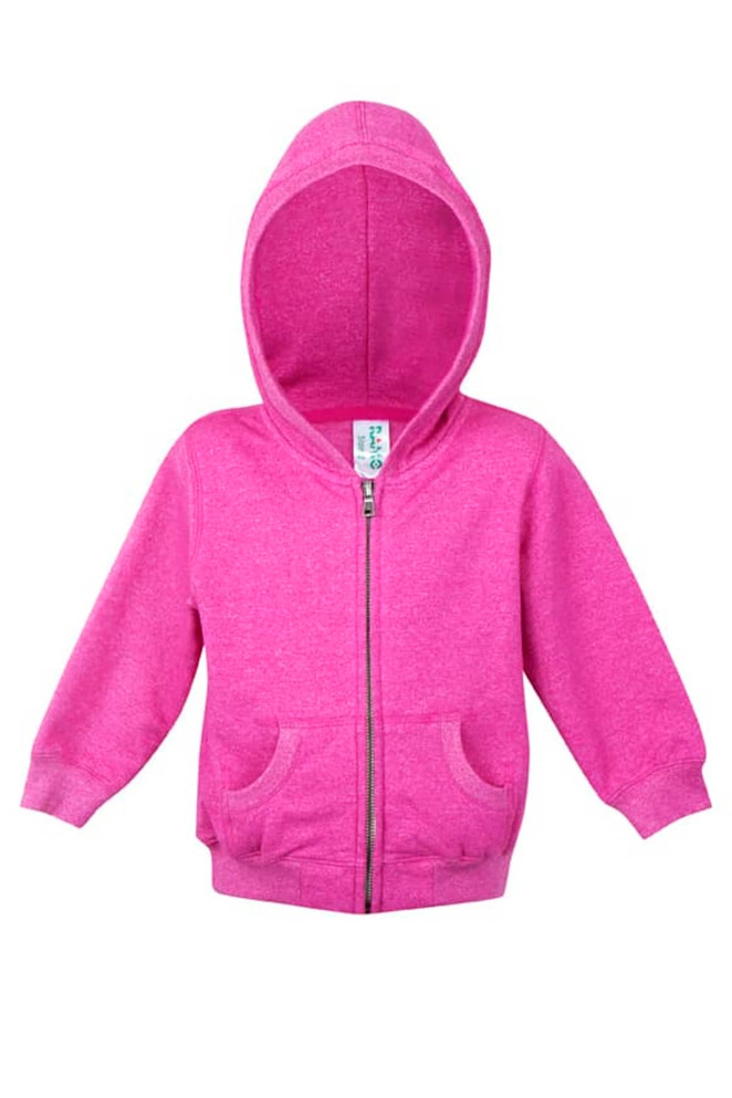 A pink zip-up hoodie with a hood and front pockets, featuring a branding label inside.