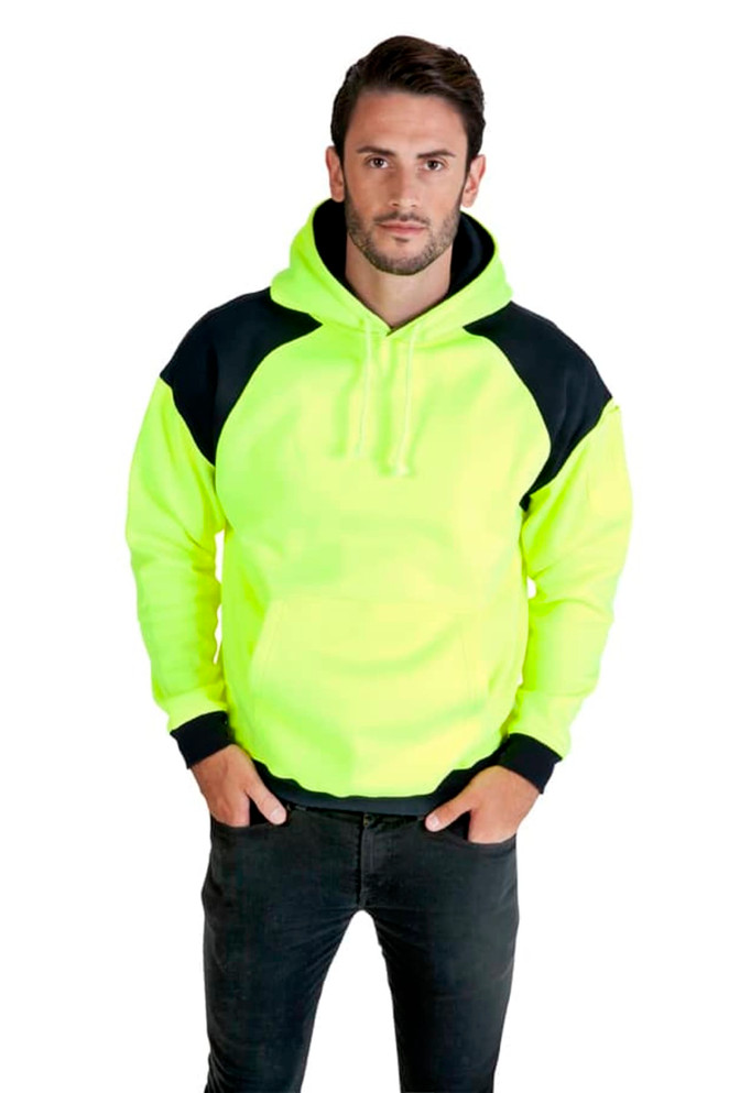 A bright yellow hoodie with black contrast panels, featuring a logo and a front pocket.