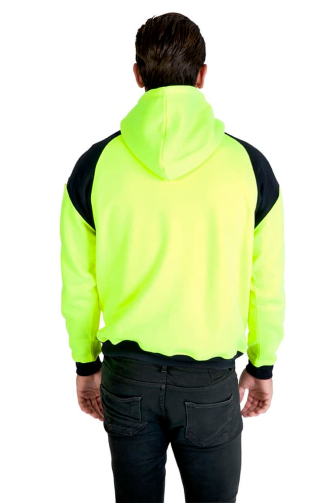 A men’s shoulder contrast hoodie in high visibility yellow with black panels on the shoulders, featuring a hood.
