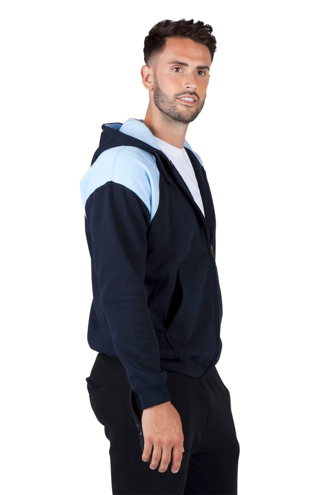 A men's hoodie featuring a navy blue base with light blue contrast detailing and a hood. It has a logo on the front.