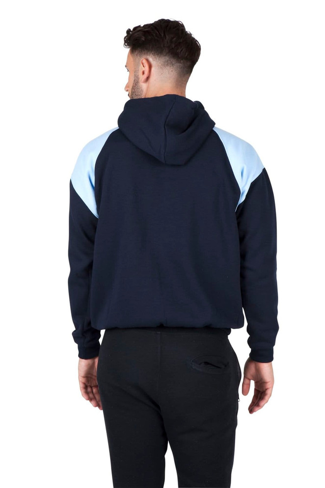 A navy blue hoodie with light blue contrast panels and a kangaroo pocket, featuring a hood, with a logo.