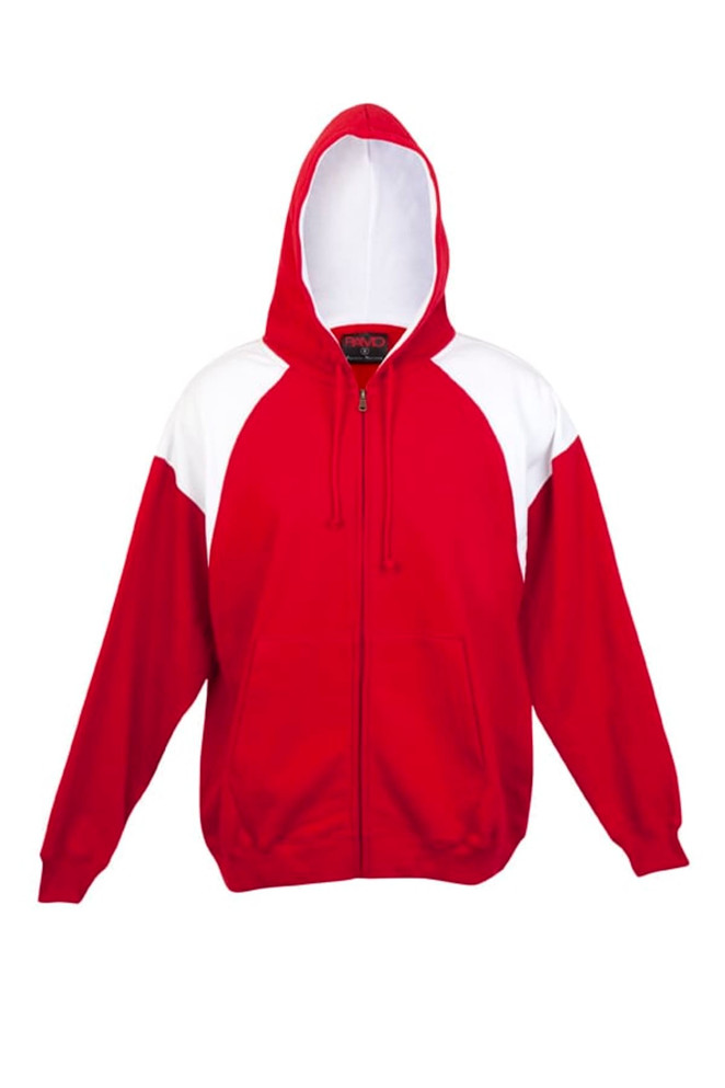 A red hoodie with white contrast panels, featuring a front zip and a hood. It includes a logo on the chest area.