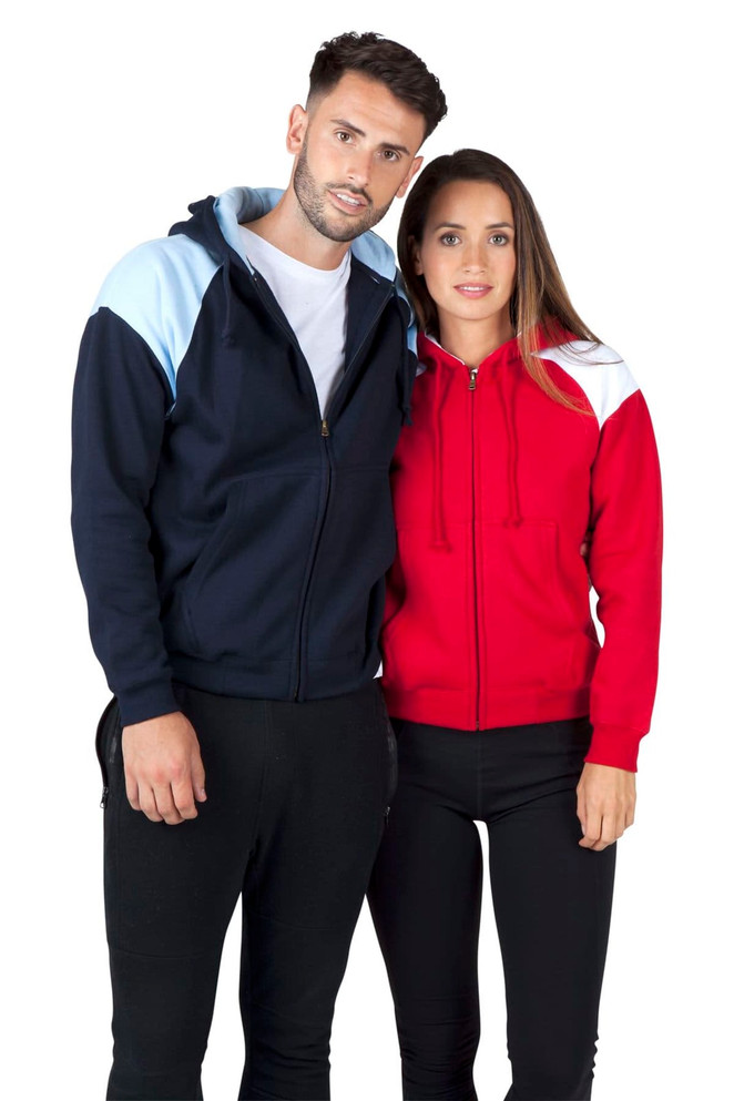 A men's zip hoodie featuring contrast colours, with a navy base and light blue hood, alongside a red hoodie with a white accent.