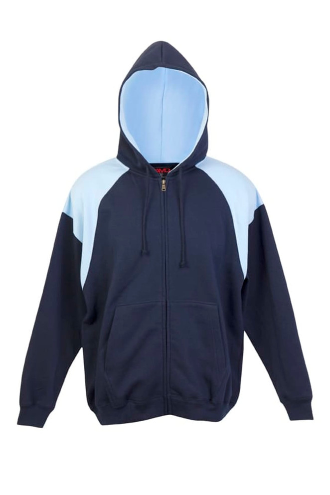 A navy blue hoodie with light blue contrast panels and a front zip, featuring a hood and two pockets.