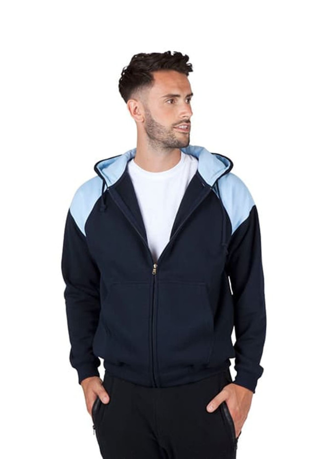 A navy blue hoodie with light blue shoulder contrast, featuring a zipper and a hood. It includes a logo.