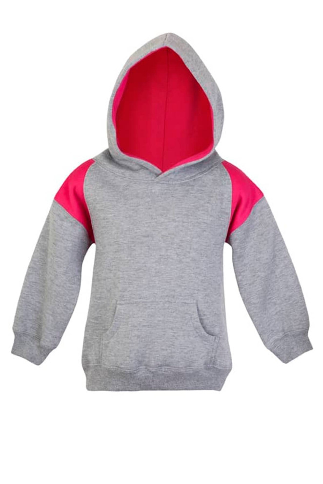 A grey hoodie with pink contrast panels and a front pocket, featuring a hood and long sleeves.