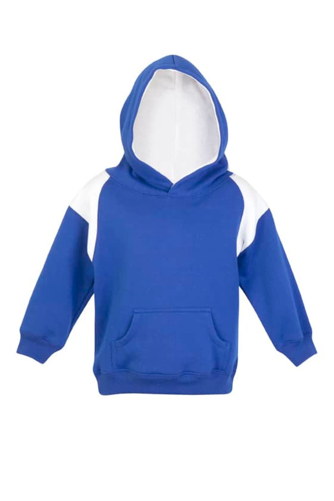 A blue hoodie with a white contrast panel and a front pocket. The hoodie features a hood and long sleeves.