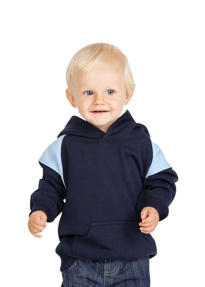 A navy blue hoodie with light blue shoulder panels worn by a smiling toddler. The hoodie has a front pocket and a hood.