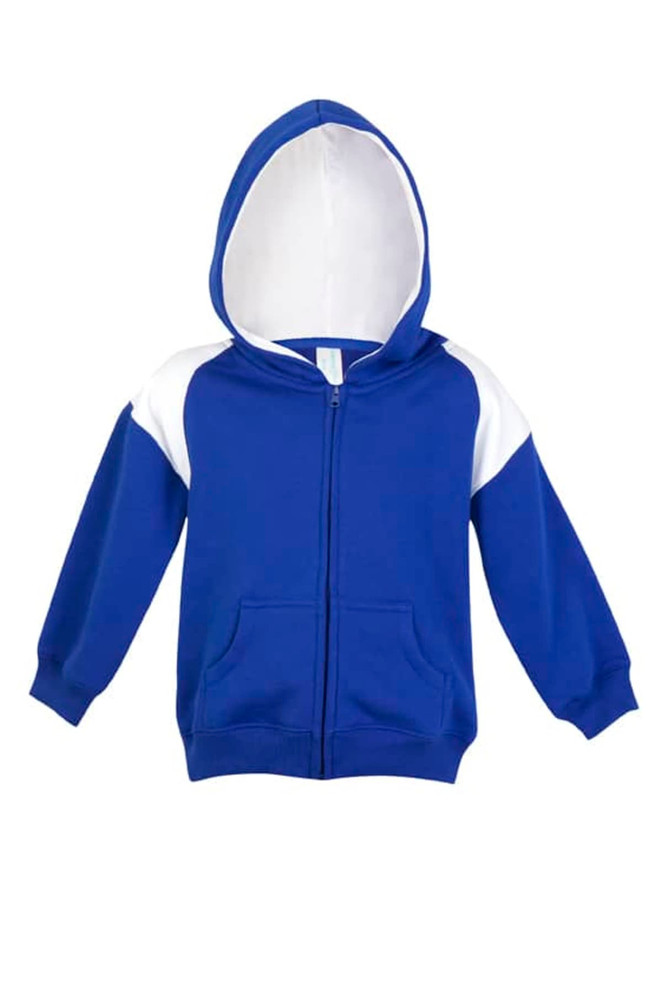 A blue and white hoodie with a zipper, featuring a contrast panel design and a hood. It has a front pocket and a logo.