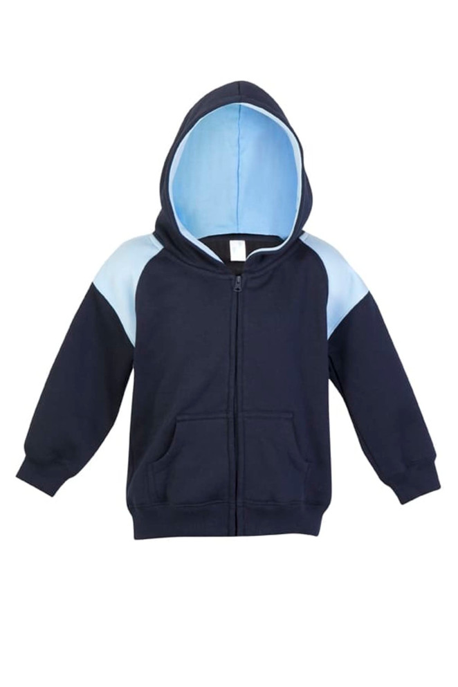 A navy blue hoodie with a light blue contrast panel, featuring a zip front and a hood. It includes a logo.