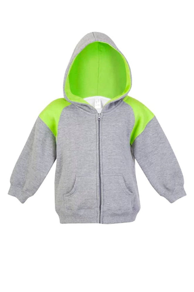A grey hoodie with a green contrast panel and a front zipper, featuring a hood and two front pockets.
