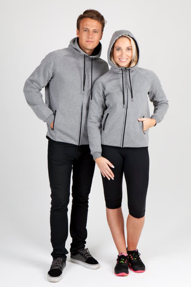 A grey soft cotton and bonded polar fleece hoodie featuring a hood, showcased by a male and female model.