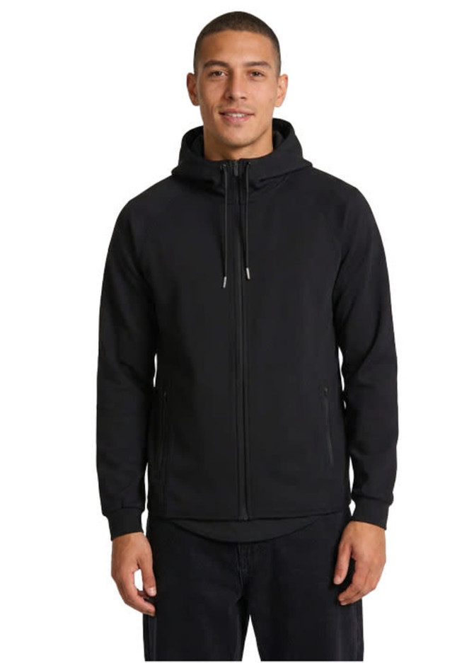 A black men's hoodie made from soft cotton and bonded polar fleece, featuring a zip front and a hood.