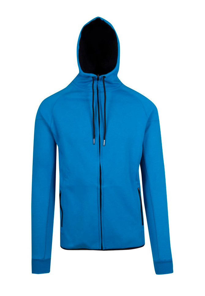 A blue men's hoodie with a black lining, featuring a zip closure and two side pockets. It has a logo on it.