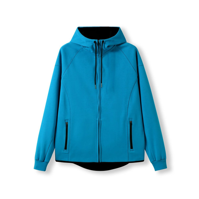 A blue men's hoodie with a black lining, featuring a zip closure and two side pockets. It has a logo on it.
