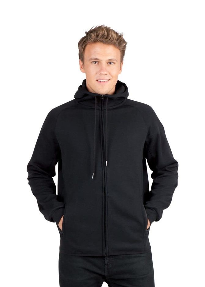 A black men's hoodie made of soft cotton and bonded polar fleece, featuring a hood and zip closure.
