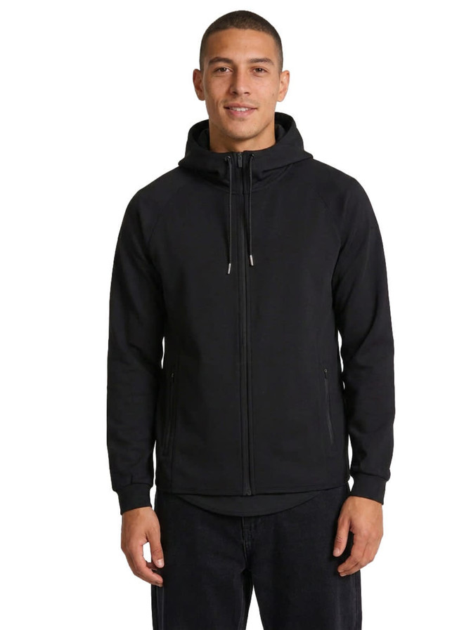 A black men's hoodie made from 320gsm soft cotton and bonded polar fleece, featuring a front zip and a hood.