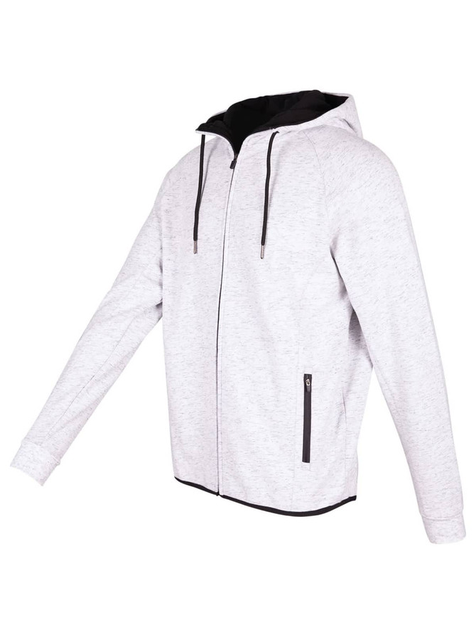 A grey and black hoodie made from soft cotton and bonded polar fleece, featuring a zip front and zippered pockets.