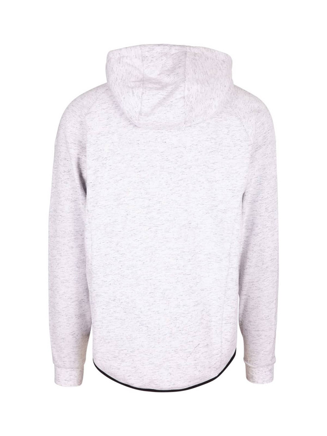 A soft grey hoodie made from cotton and bonded polar fleece, featuring a hood and a logo.
