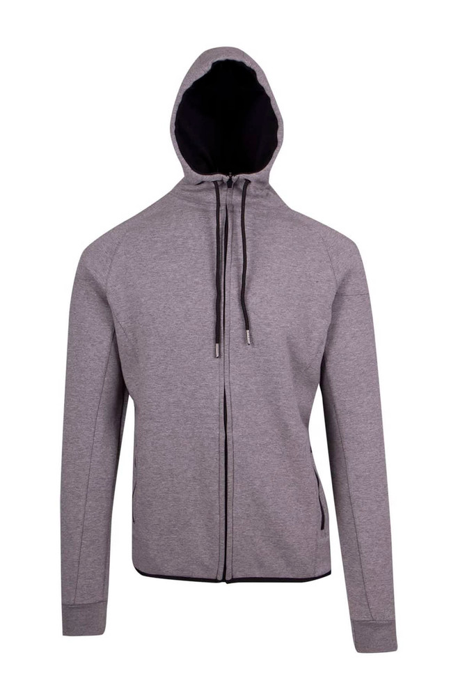 A grey hoodie made from soft cotton and bonded polar fleece, featuring a black-lined hood and zippers.