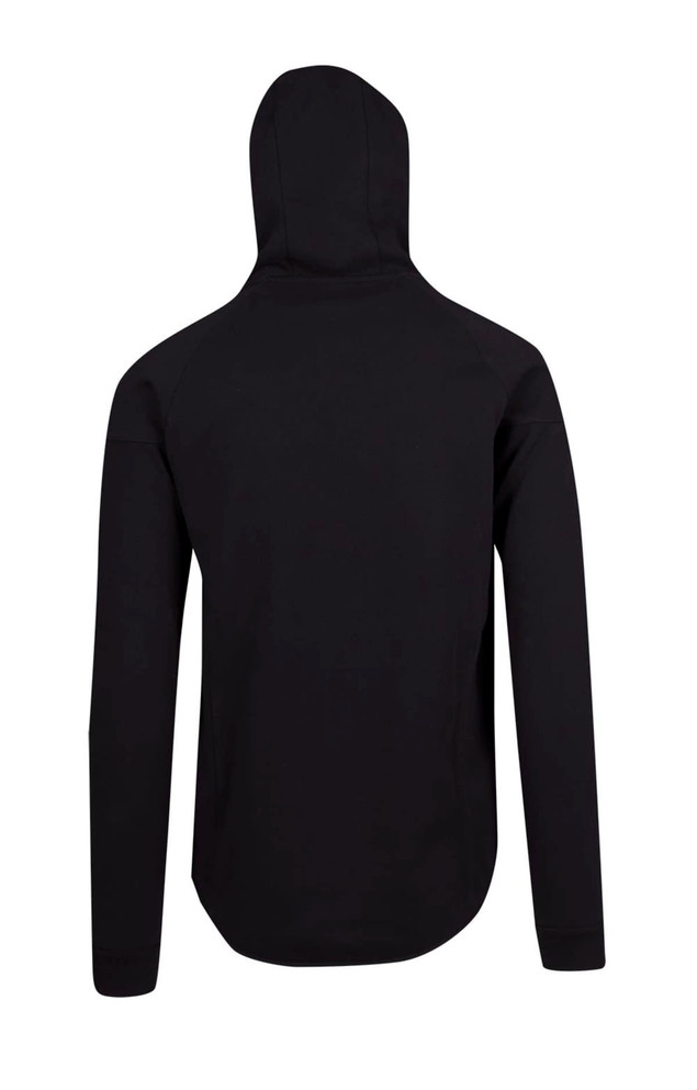 A black men's hoodie featuring a soft cotton and bonded polar fleece material, with a hood and long sleeves.