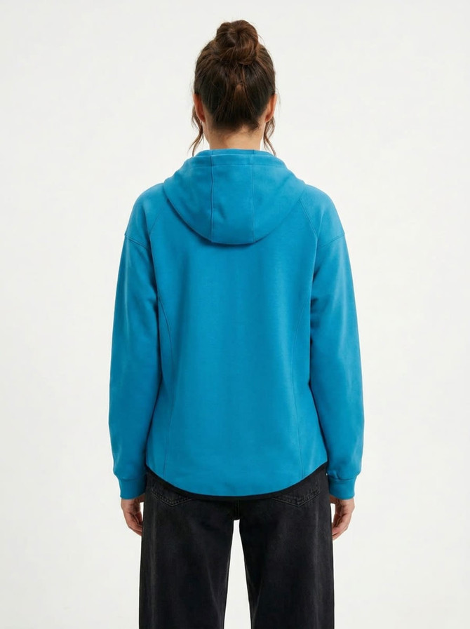 A women's/junior hoodie in vibrant blue, featuring a hood and long sleeves, with a logo present.