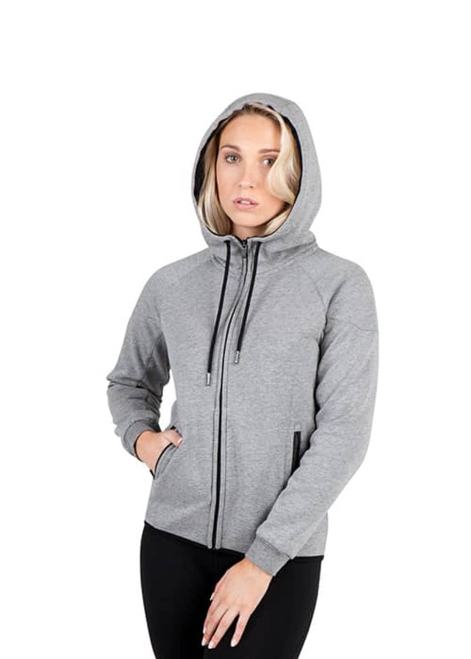 A grey soft cotton and bonded polar fleece hoodie featuring a zip front and pockets.