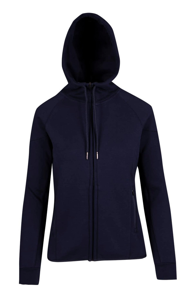 A navy blue women's junior hoodie made of 320gsm soft cotton and bonded polar fleece, featuring a front zip and hood.