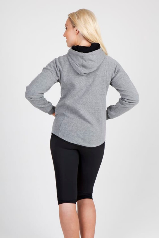 A grey women's junior hoodie with a bonded polar fleece lining, featuring a hood and a logo.
