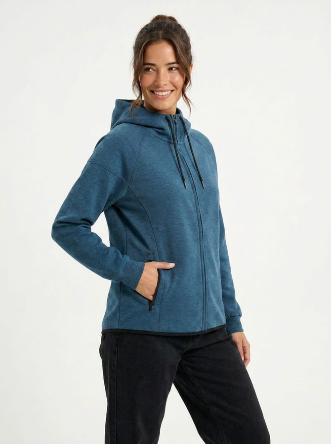 A grey women's junior hoodie with a bonded polar fleece lining, featuring a hood and a logo.