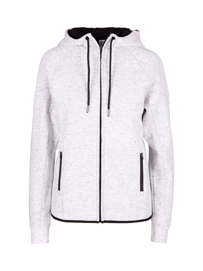 A grey women's junior hoodie made of soft cotton and bonded polar fleece, featuring a zip and pockets, with a black hood interior.