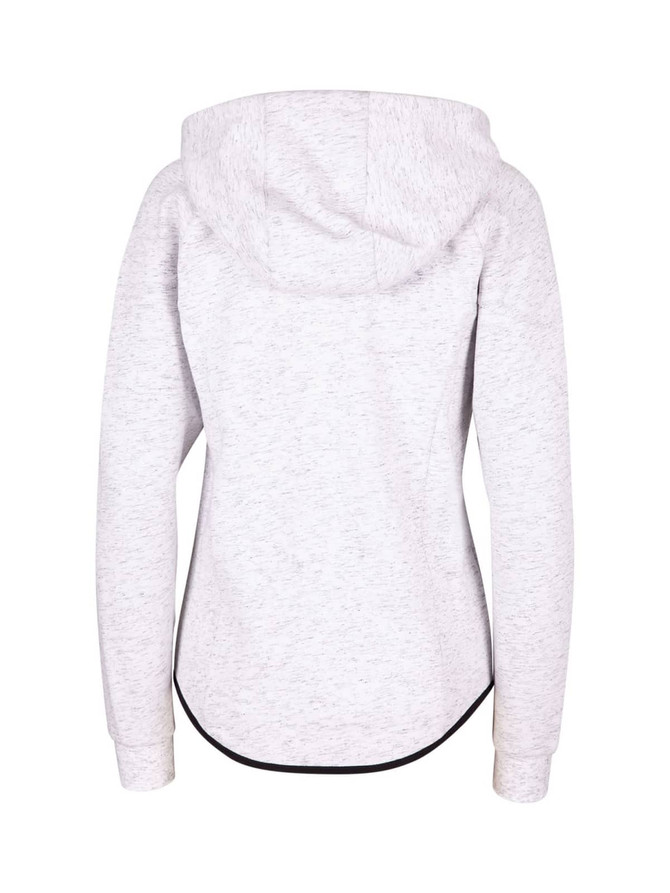 A grey women's junior hoodie made from soft cotton and bonded polar fleece, featuring a hood and a logo.