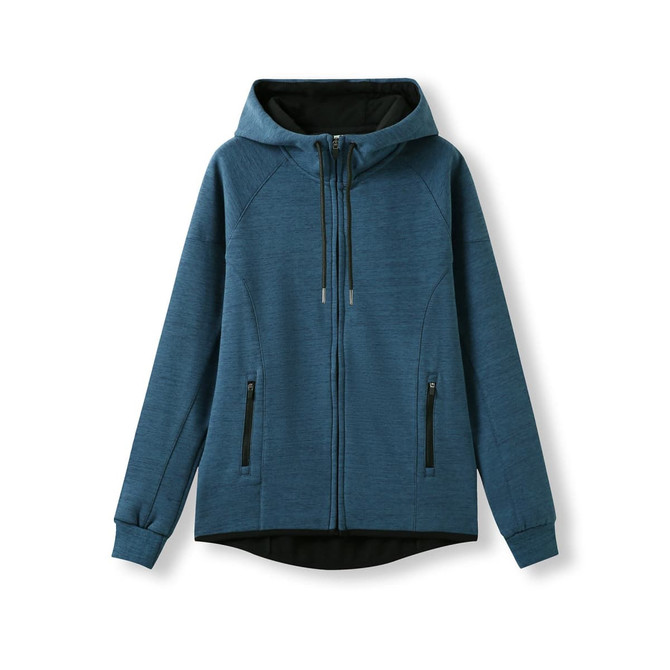 A blue women's hoodie made of soft cotton and bonded polar fleece, featuring a zip closure and a hood.