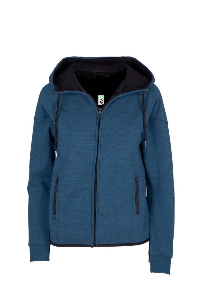 A blue women's hoodie made of soft cotton and bonded polar fleece, featuring a zip closure and a hood.