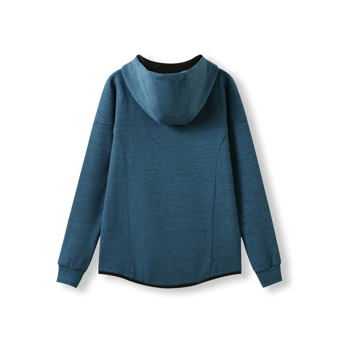 A blue women's/junior hoodie made from soft cotton and bonded polar fleece, featuring a hood and long sleeves.