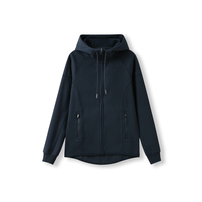 A navy blue women's junior hoodie made from soft cotton and bonded polar fleece, featuring a zipper and hood.