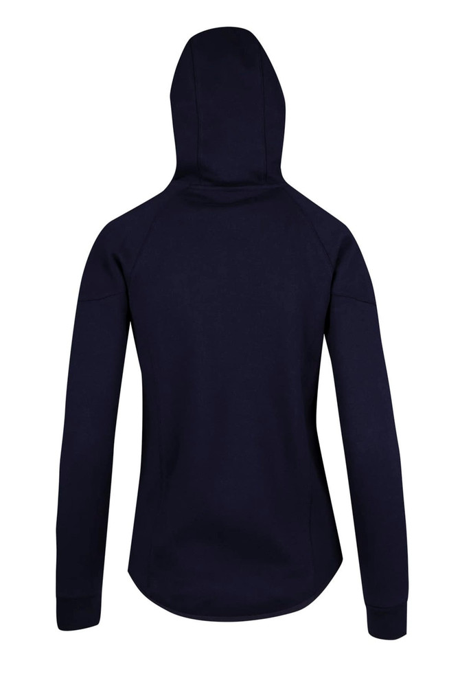 A navy hoodie featuring a bonded polar fleece material and a fitted design, with a hood and no visible branding.