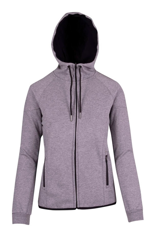 A grey hoodie with a black interior, zip front, and two side pockets, featuring a hood and branding.